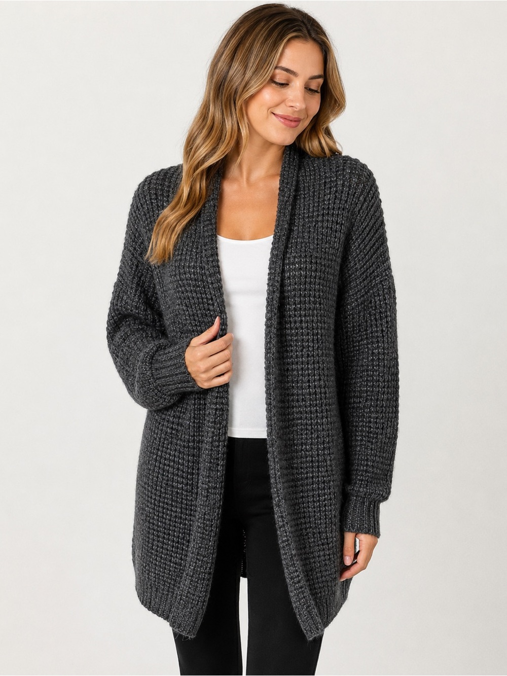 Women's Charcoal Waffle Knit Open-Front Cardigan